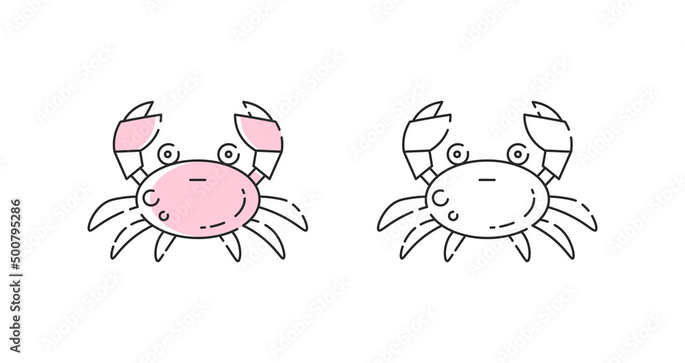 Crab icon linear vector. Crab seafood logo symbol set in color and black. Crab icon linear vector. Crab seafood logo symbol set in color and black.
