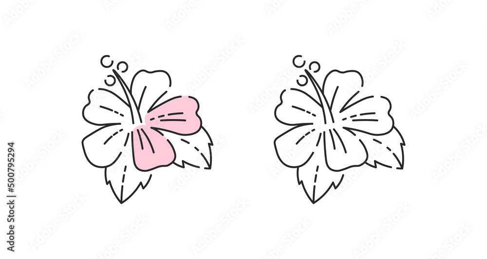 Flower icon linear vector. Hibiscus flower logo symbol set in color and black.