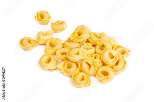 Raw fresh tortellini pasta isolated on white background