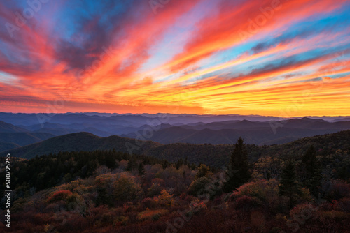 Dramatic sunset over the Smoky Mountains from along the Blue Ridge Parkway in North Carolina © aheflin