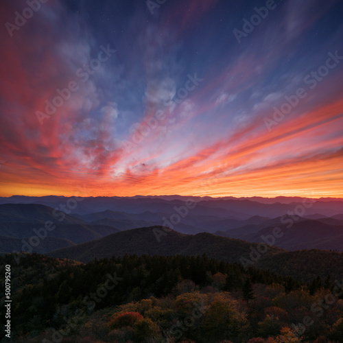 Dramatic sunset over the Smoky Mountains from along the Blue Ridge Parkway in North Carolina © aheflin