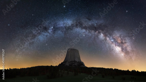 Scenic night photography, milky way galaxy, Devils Tower Wyoming