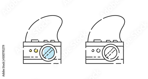 Photo camera icon linear vector. Summer retro camera logo symbol set in color and black.