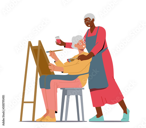 Pensioner Artistic Occupation, Painting. Senior Lady Learn Drawing in Studio with Teacher Help, Elderly Character Hobby
