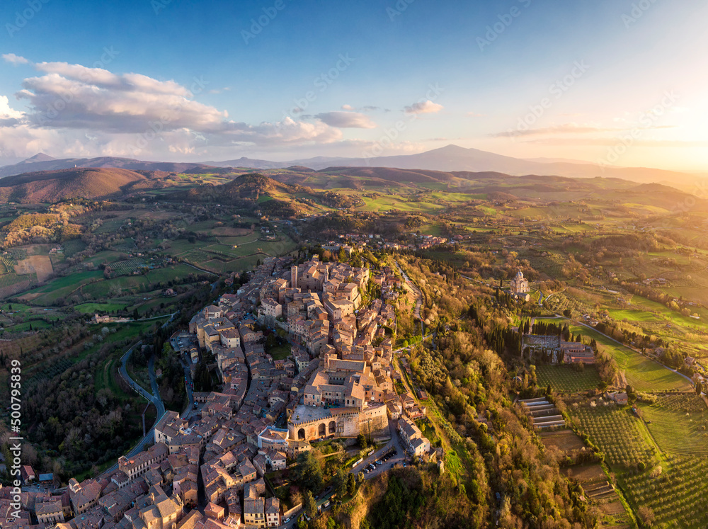 Fototapeta premium High resolution golden hour aerial image of the medieval town Montepulciano in Tuscany, Italy at sunset