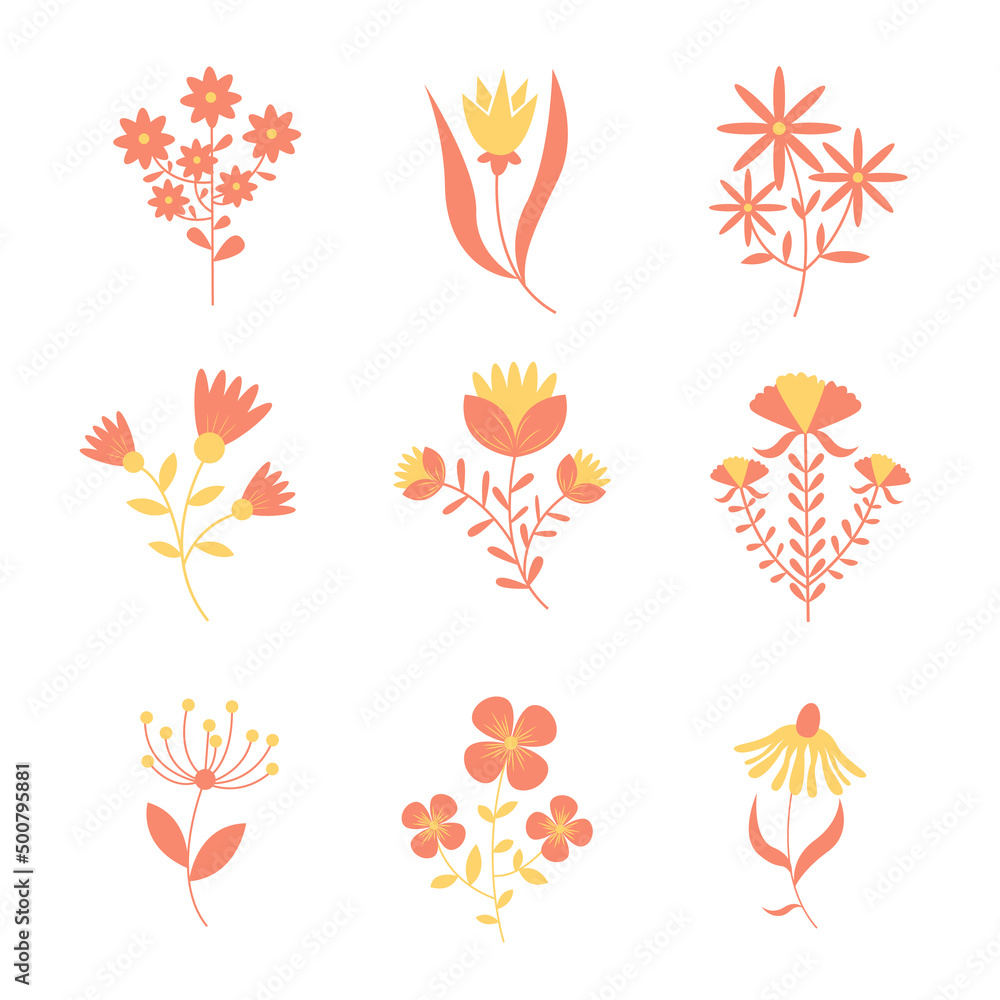 Set of flat Spring flower icons in silhouette isolated on white. Cute illustrations in bright colors for stickers, labels, tags, scrapbooking.