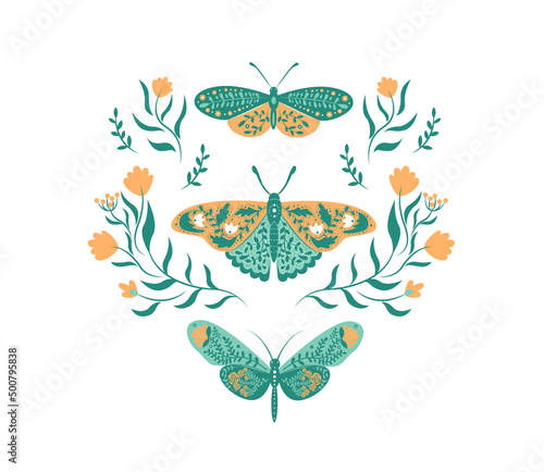 Summer greeting card with butterfly, flowers, branches, leaves on beige background. Circle ornament in scandinavian style. Perfect for spring and summer holidays. Vector illustration