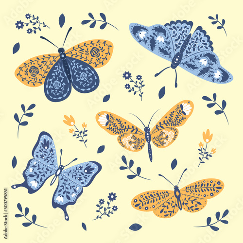 Seamless pattern with decorativebutterflies and moths in scandinavian style. Great for fabric, textile. Vector background photo