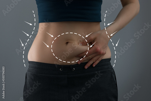 Abdominal fat problems, massaging marks. Healthy lifestyle and sports activities concept photo
