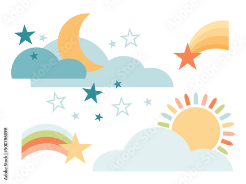 Day and Night. Sun and Moon. Shooting Stars. Flat vector illustrations. Sky Travel. Adventure. Journey.