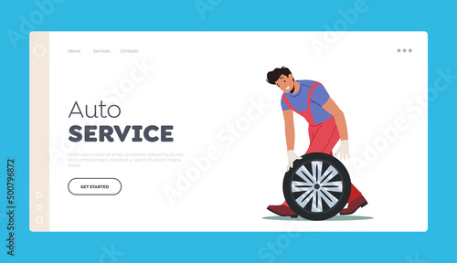 Auto Repair Service Landing Page Template. Vehicle Fix in Garage Workshop. Mechanic Dressed in Red Overalls