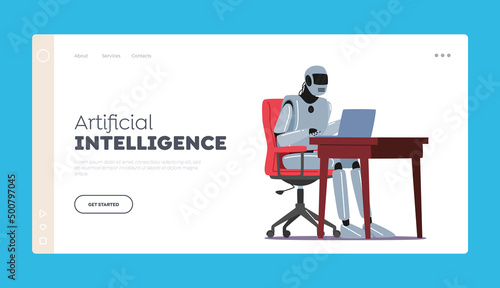 Artificial Intelligence Landing Page Template. Ai Cyborg Character Work on Laptop at Office Desk, Multitasking, Rpa
