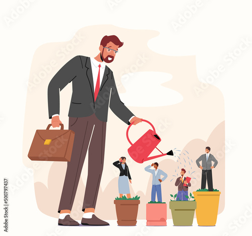 Businessman Character Watering Talented Managers Staff in Flower Pots. Hr, Talent Development, Career Growth, Training