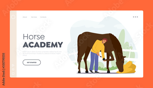 Horse Academy Landing Page Template. Stableman Male Characters Care of Purebred Horse Cleaning Hooves