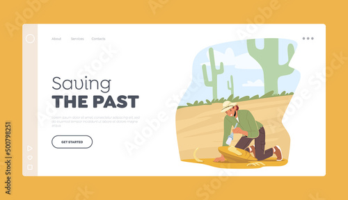 Paleontology Landing Page Template. Archeologist Explore and Studying Dinosaurs Fossil Skeleton Bones, Scientist Working