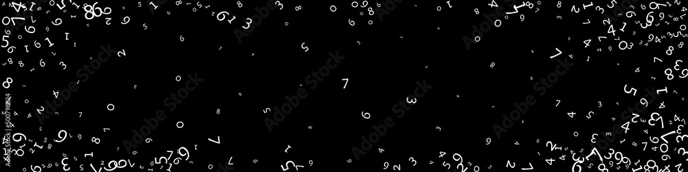 Falling numbers, big data concept. Binary white messy flying digits. Stunning futuristic banner on black background. Digital vector illustration with falling numbers. Falling numbers, big data concept. Binary white messy flying digits. Stunning futuristic banner on black background. Digital vector illustration with falling numbers.