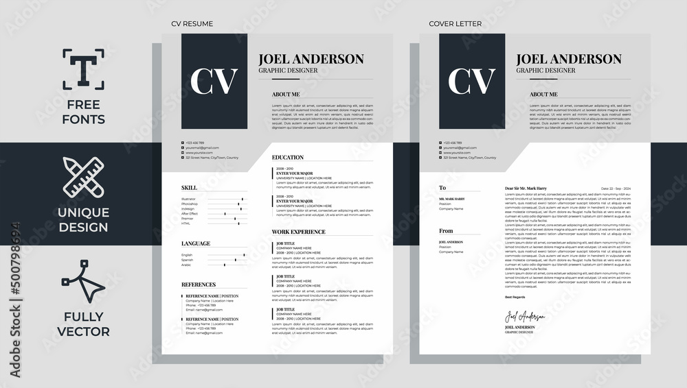 Professional and unique CV resume template design with letterhead cover letter - vector minimalist - black, white and gray color combination Professional and unique CV resume template design with letterhead cover letter - vector minimalist - black, white and gray color combination