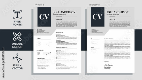 Professional and unique CV resume template design with letterhead cover letter - vector minimalist - black, white and gray color combination