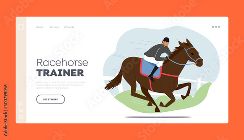 Racehorse Trainer Landing Page Template. Equestrian Sport and Horse Training Concept. Jockey Character Riding Stallion