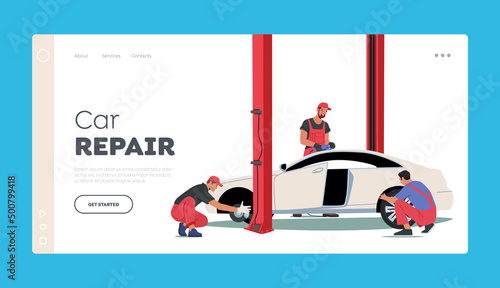 Car Repair Landing Page Template. Male Characters Wear Uniform Replace Tyres at Mechanic Workshop. Roadside Service