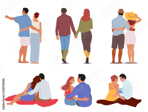 Set of Happy Men and Women Love, Embracing and Hugging Rear View. Loving Couples Hug, Walk, Sitting on Plaid