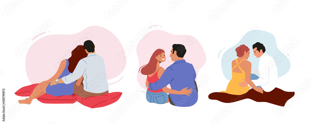 Set of Loving Couples Hugging Sitting on Plaid, Man and Woman Dating on Picnic, Embracing Back View, Lover Relations
