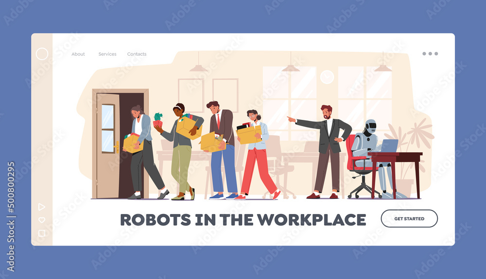 Robots in the Workplace Landing Page Template. Boss Replacing Employees on Cyborg. Workers Characters Leaving Office