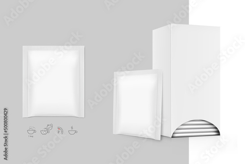 Realistic cardboard box with sachet mockup. Perspective view. Vector illustration. Ready for your design. EPS10.	