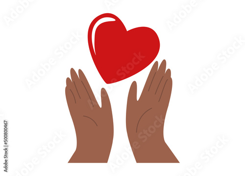 Two hands hold big red heart. Concept of love, charity, philanthropy and donation. Vector illustration