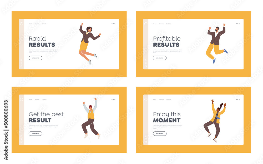 Happy Office Employees Jump with Raised Arms Landing Page Template Set. Characters Feel Positive Emotions, Rejoice Happy Office Employees Jump with Raised Arms Landing Page Template Set. Characters Feel Positive Emotions, Rejoice