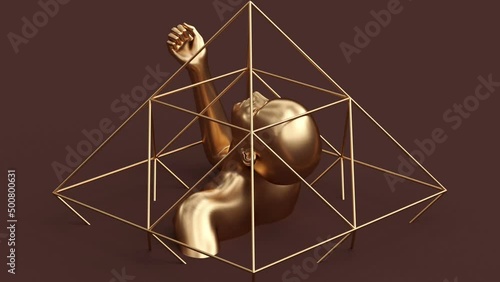 Modern minimal trendy surreal 3d render illustration, posing attractive mannequin model, human young character statue, shiny metallic elegant pretty woman, rotating futuristic golden bust