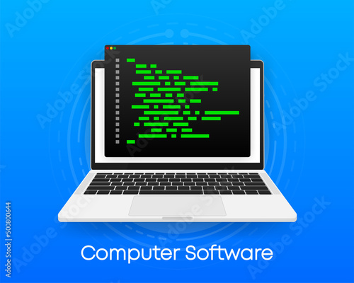 Software development and programming, program code on laptop screen. Vector illustration.