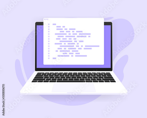 Software development and programming, program code on laptop screen. Vector illustration.