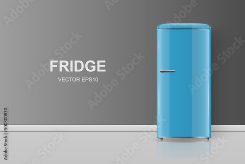 Vector Banner with 3d Realistic Blue Retro Vintage Fridge Isolated. Vertical Simple Refrigerator. Closed Fridge. Design Template, Mockup of Fridge. Front View