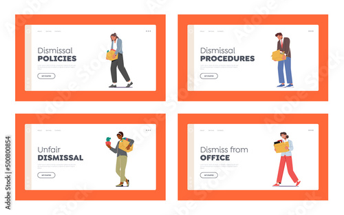 Unemployment Problem Landing Page Template. Employees Fired From Job. Sad People with Box Walking from Office