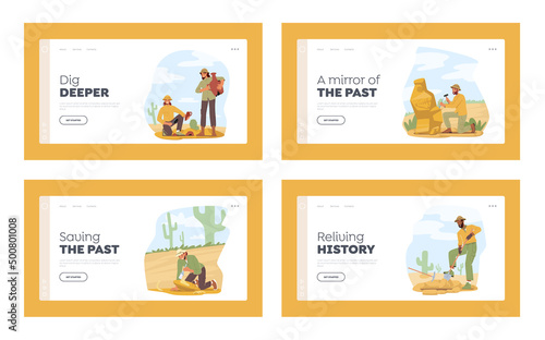 Archeology, Paleontology Landing Page Template Set. Scientists Working on Excavations, Exploring Artifacts and Bones