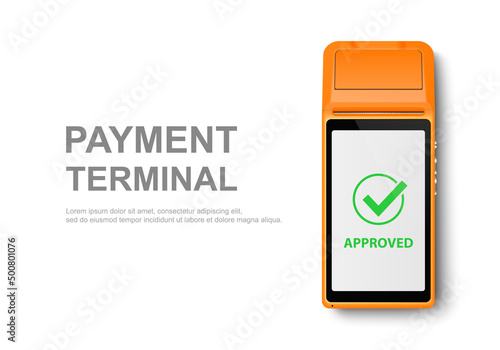 Vector Realistic 3d OrangeTouch Mobile Payment Machine. POS Terminal Closeup Isolated on White. Design Template of Bank Payment Wireless Contactless Terminal, Mockup. Payments device. Top View