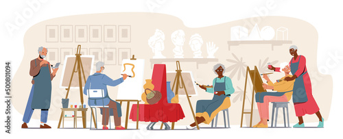 Old Men and Women Learn Drawing in Art Studio Class. Elderly Male and Female Characters Sitting at Easel Create Pictures
