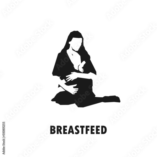 Woman or mother breastfeeding a child or baby simple black vector silhouette illustration.