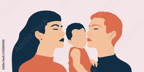 abstract vector illustration of same sex Caucasian lesbian family with a child. concept of modern diverse family with two mother as parents. graphic of woman head profile silhouette