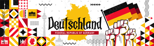National day of Deutschland Germany banner with retro abstract geometric shapes, berlin landscape landmarks. German flag and map. Red yellow black colors scheme. German Unity Day. Vector Illustration