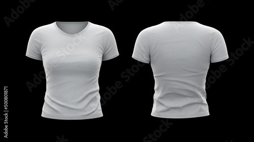 Front and back views of white women's t-shirt on black background - 3D illustration - mockup of women's t-shirt