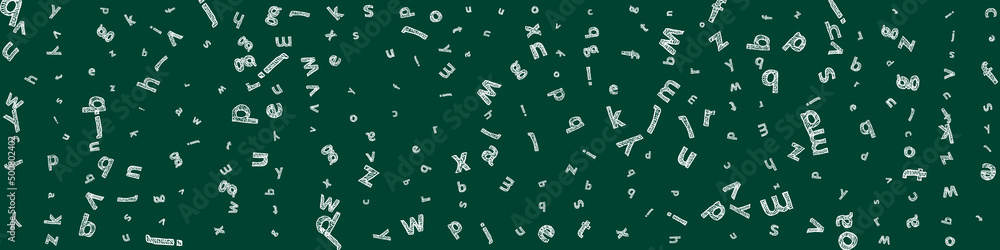 Falling letters of English language. Sketch chalk flying words of Latin alphabet. Foreign languages study concept. Authentic back to school banner on blackboard background. Falling letters of English language. Sketch chalk flying words of Latin alphabet. Foreign languages study concept. Authentic back to school banner on blackboard background.