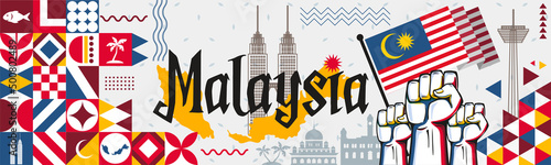 Malaysia National day or Hari Merdeka banner with retro abstract geometric shapes. Malaysian flag and map. Red blue scheme with raised hands or fists. Kuala Lumpur landmarks. Vector Illustration. photo
