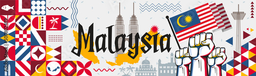 Malaysia National day or Hari Merdeka banner with retro abstract geometric shapes. Malaysian flag and map. Red blue scheme with raised hands or fists. Kuala Lumpur landmarks. Vector Illustration.