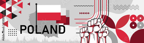 Poland Flag and map with raised fists. National or Independence day design for Polish people. Modern retro red white traditional abstract icons. Vector illustration.