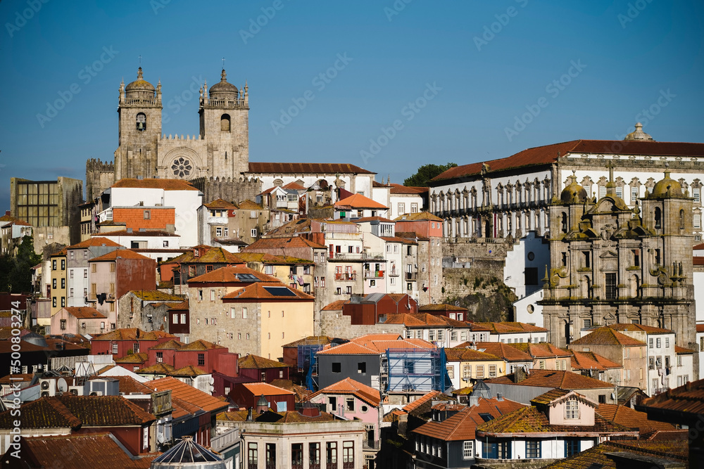 View of buildings in the historic center of Porto, Portugal.