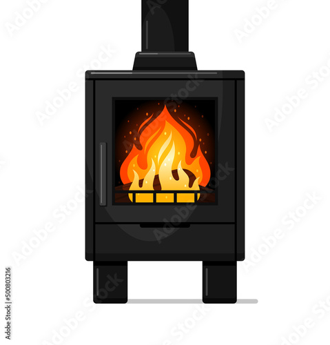Wood burning, modern potbelly stove with fire, free standing kindled fireplace, cast iron multi fuel heater with glass door. Vector colorful illustration isolated on white background
