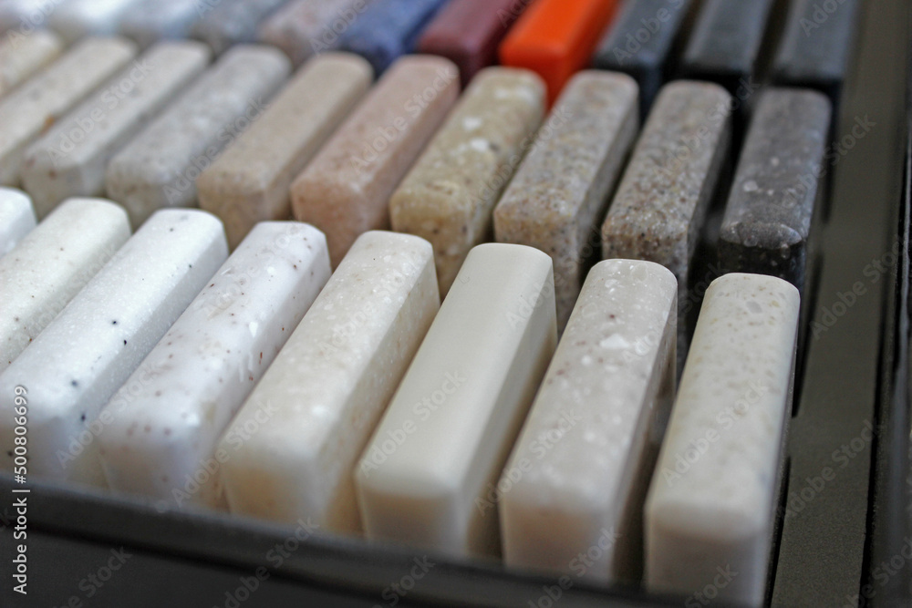 Luxury marble natural stone slabs for kitchen countertops and floor tiles. Samples of stone for countertops