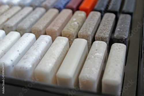 Luxury marble natural stone slabs for kitchen countertops and floor tiles. Samples of stone for countertops